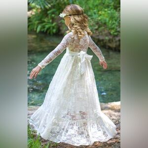 Girl’s Ivory Lace Long Sleeve Maxi Party Dress